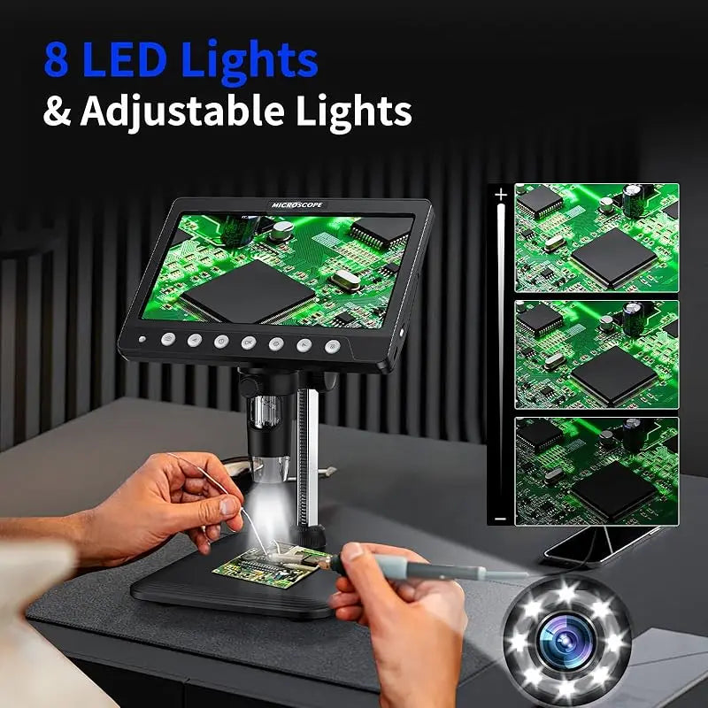 Microscope électronique ultra-clair 5 MP, écran tactile 7 pouces, grossissement 1200x, mesure professionnelle pour pièces de monnaie/PCB avec éclairage 8 LED sans ombre