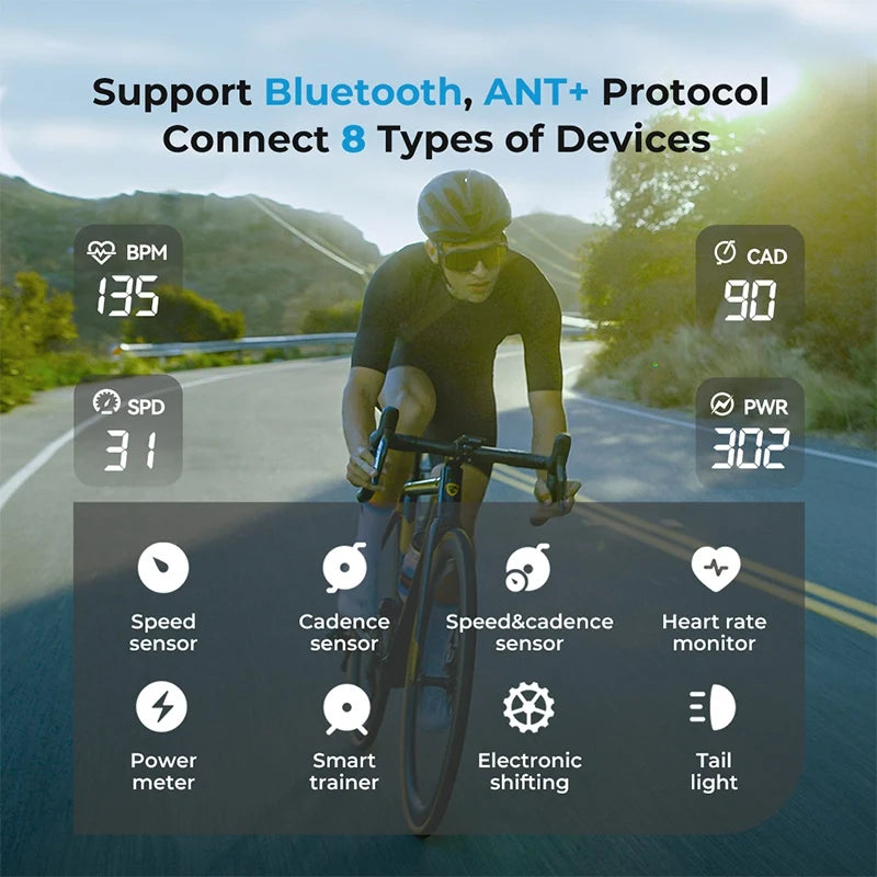 Compteur de vélo GPS intelligent avec écran couleur, compteur de vitesse sans fil, ANT+/WiFi, navigation en 11 langues, odomètre et suivi de vitesse pour vélos