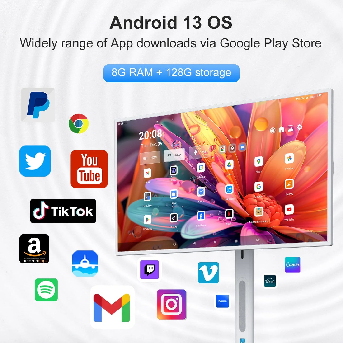 32 inch smart portable TV monitor, mobile smart WiFi touch screen, floor standing smart TV portable monitor