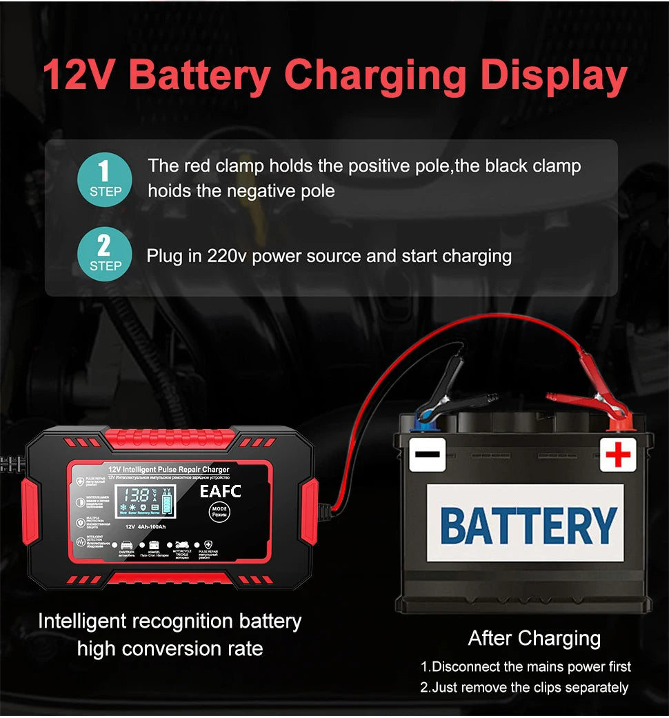 12V6A Smart Battery Charger Pulse Repair LCD Display AGM/GEL/Lead-Acid Auto & Motorcycle