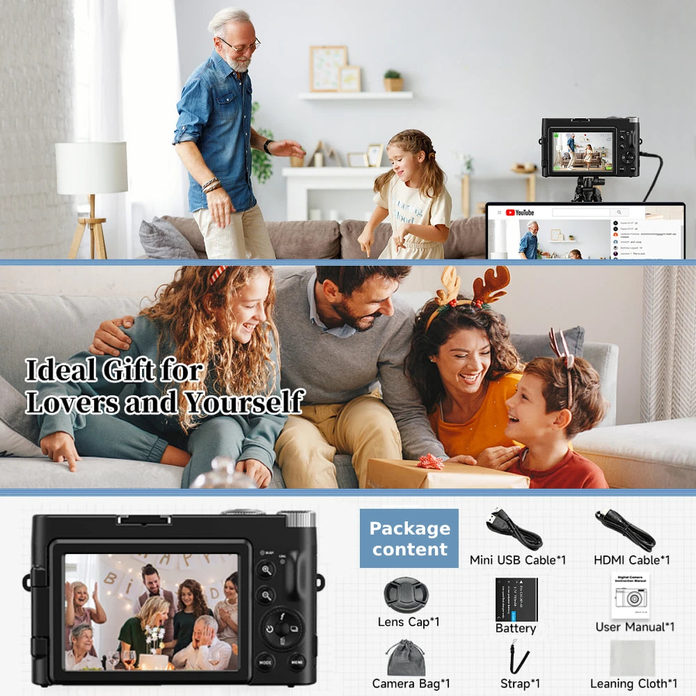 4K/48MP Vlog Camera 3'' Flip Screen Autofocus Anti-Shake 16X Zoom & Flash Compact for Travel