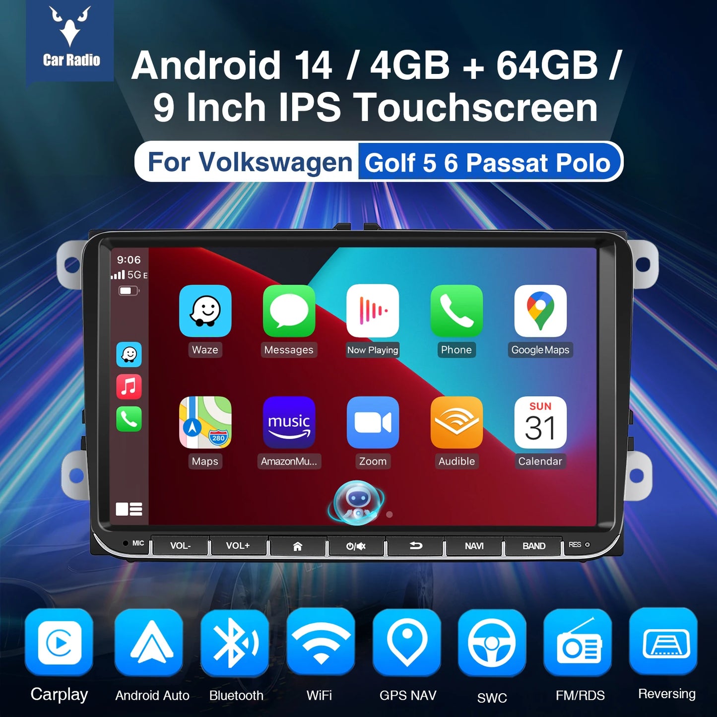 9" Android 14 4+64G Wireless CarPlay Stereo for VW Golf/Passat/Polo/Touran/Tiguan GPS NAVI WIFI BT FM EQ