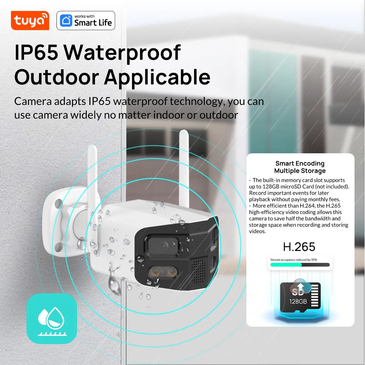 Security camera, outdoor camera, with color night vision/alarm/two-way communication network camera Tuya Smart 4MP 2.5K dual lens wide-angle 180 °