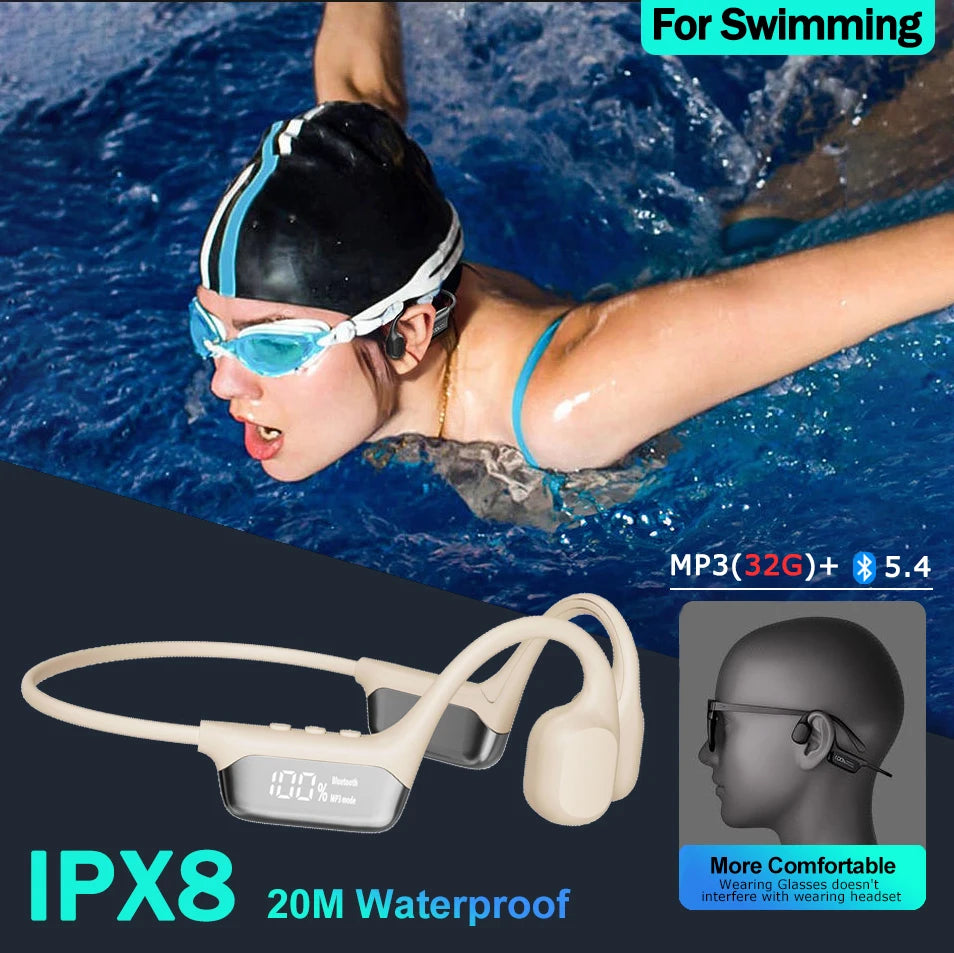 Turbo Bass Bone Conduction Sports Earphones Bluetooth 5.4+32GB Memory | IPX8 Professional Waterproof Universal for Swimming and Running Ultra Long Range MP3 Mode