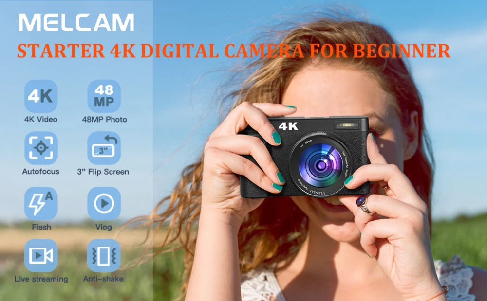 4K/48MP Vlog Camera 3'' Flip Screen Autofocus Anti-Shake 16X Zoom & Flash Compact for Travel