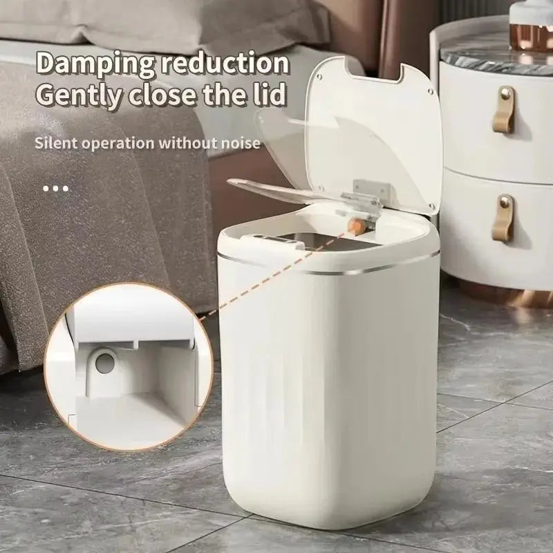 White touchless narrow sensing garbage bin, smart home, smart bathroom, garbage bin, automatic bagging, electronic garbage bin