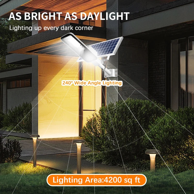 Lampadaire LED solaire professionnel 200 W, capacité 6 000 mAh, capteur crépuscule à l'aube, idéal pour l'éclairage de garage, de jardin ou d'allée