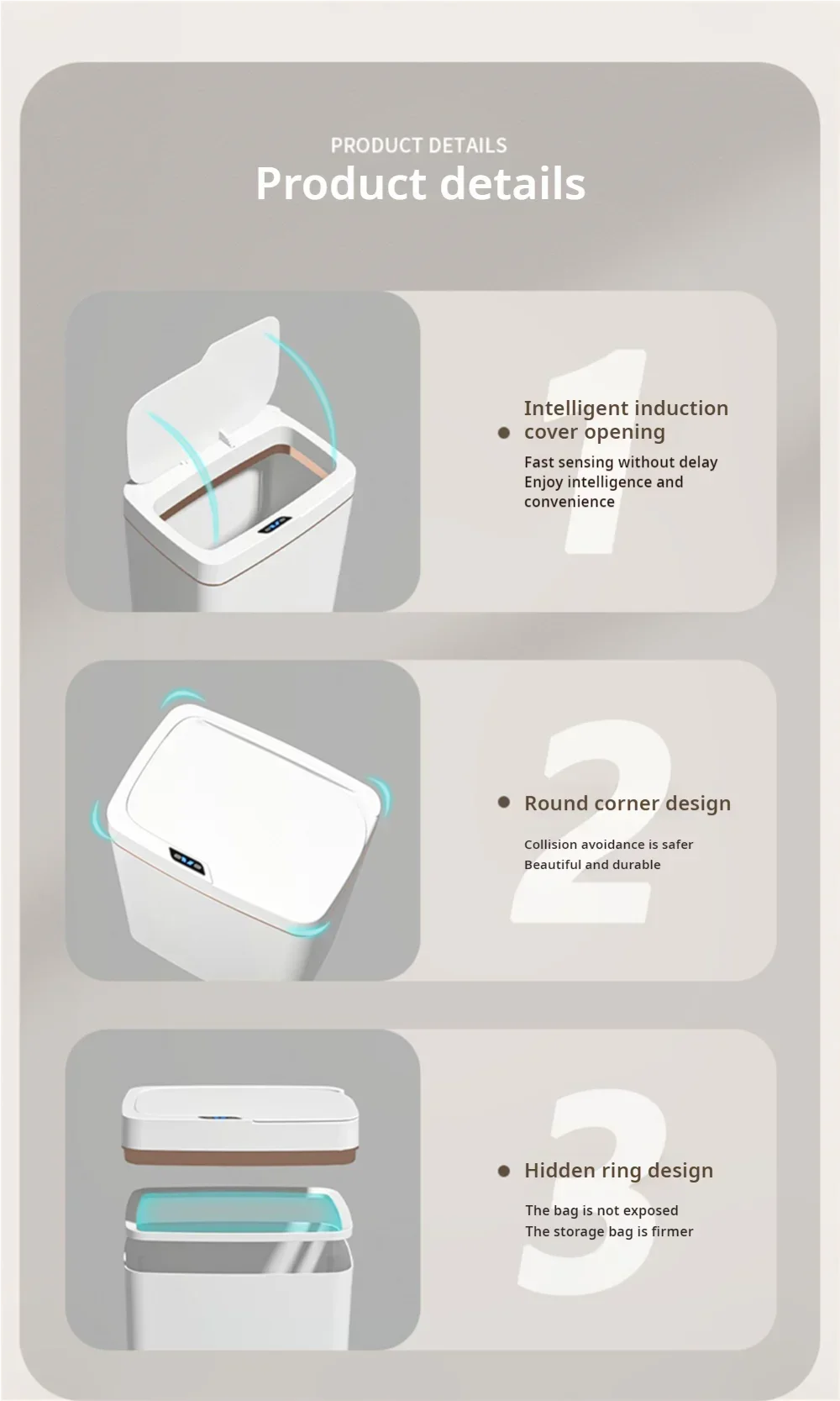 15L intelligent induction garbage bin with automatic packaging and bag changing. Narrow body design suitable for white in bathroom/living room