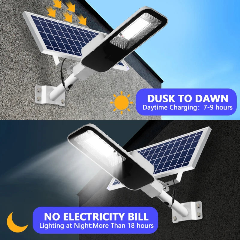 Lampadaire LED solaire professionnel 200 W, capacité 6 000 mAh, capteur crépuscule à l'aube, idéal pour l'éclairage de garage, de jardin ou d'allée