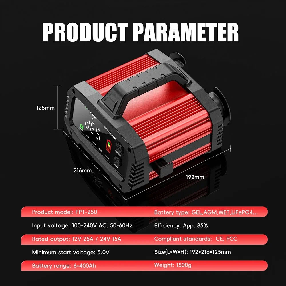 Chargeur intelligent V-24 V 25 A/15 A pour batteries de voiture/moto, plomb-acide/AGM/GEL/LiFePO4, réparation par impulsions