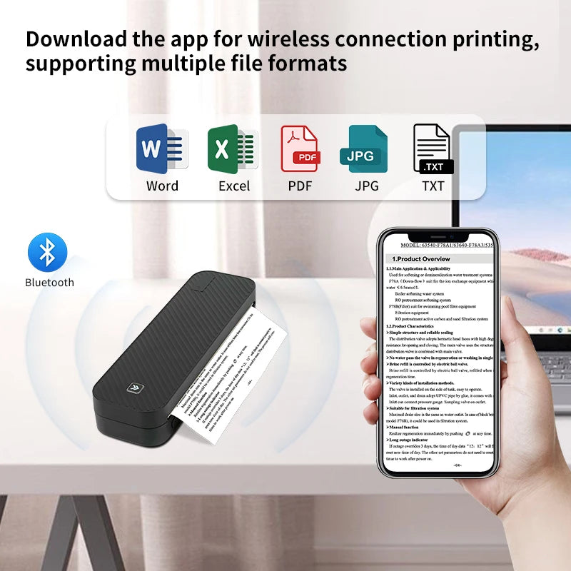Portable A4 Thermal Printer Bluetooth Wireless Inkless Printing for PDF/Excel/Word Office Home School Use with Roll Paper