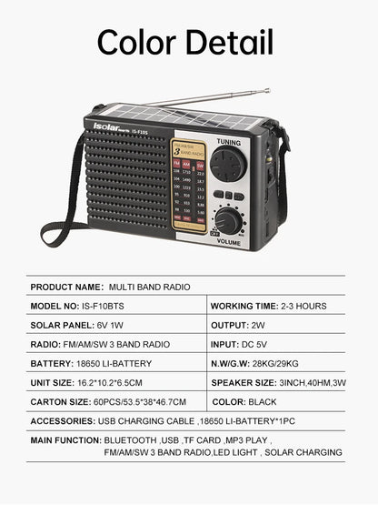 Wireless BT Speaker w/LED Light FM/AM/SW Radio Solar Charger Emergency Full Band High Sensitive