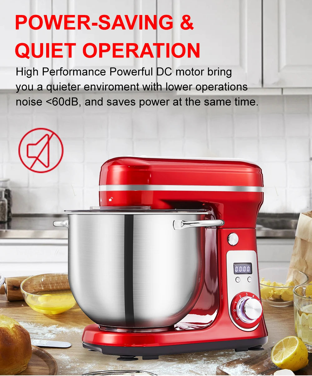 1200W 6L Stand Mixer with Blender & Dough Hook Quiet DC Motor 6-Speed Control,Splash-Proof Design for Baking/Whipping (UK/EU Plug)