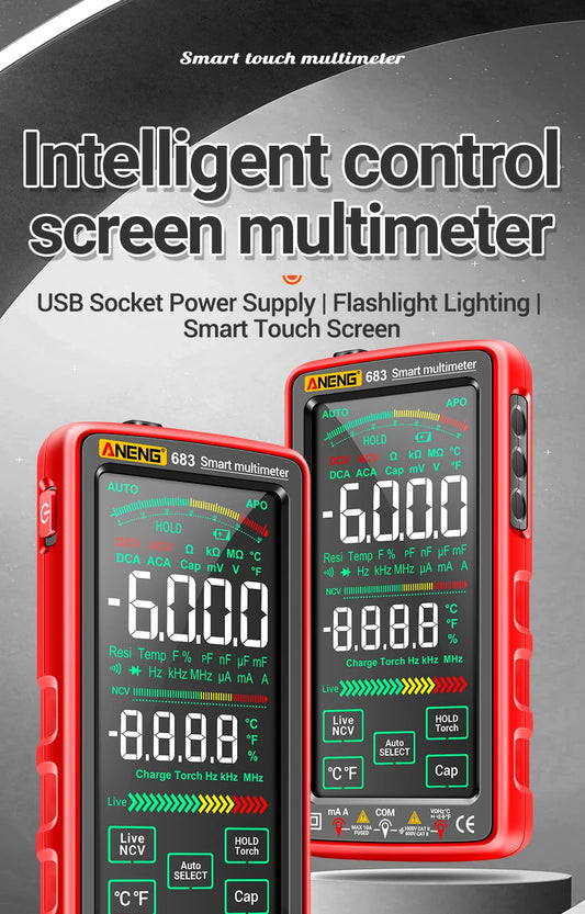 Intelligentes Multimeter mit 6000 Counts, hochpräziser True RMS-Touchscreen + Typ-C-Schnellladefunktion, AC/DC-Spannungs-/Strom-/Widerstandsprüfung