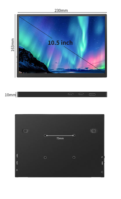 10.5" FHD 1280P Portable Monitor 100% sRGB 420nits IPS Screen w/ Dual USB-C Compatible with Mac/PC/Xbox/PS5/Switch