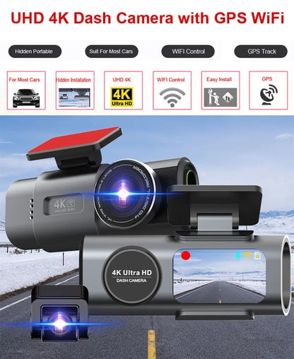 4K Dual Lens Dashcam mit WiFi GPS 24-Stunden-Parkmodus Nachtsicht Auto-DVR-Videorecorder 170°FOV