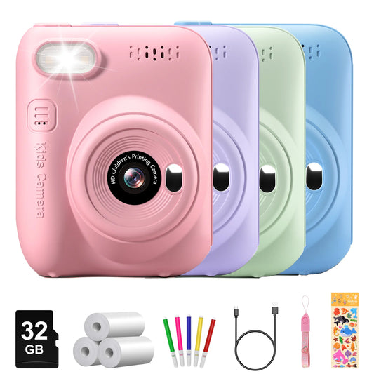 Kids Instant Print Camera 32MP HD 1080P 3" Screen & 3 Paper Rolls Fun Gift Ages 6-12 Years