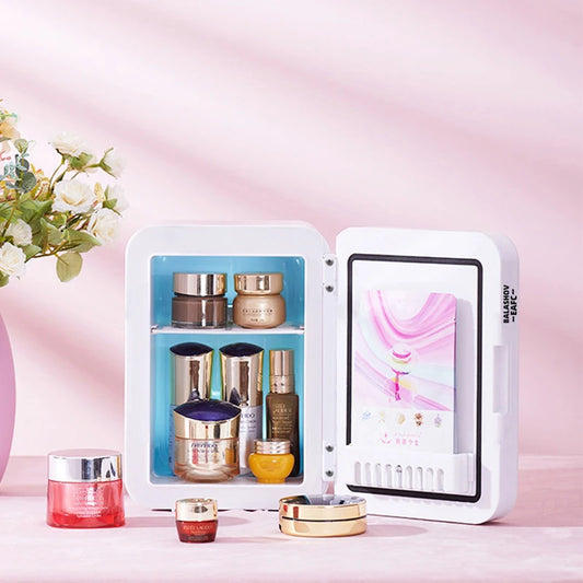 Mini réfrigérateur cosmétique 4L à miroir LED, mini réfrigérateur de beauté portable, réfrigérateur domestique et de voiture à double usage pour la conservation de la température constante et les soins de la peau