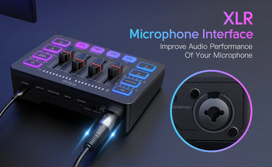 AmpliGame SC3 Pro 4-Channel RGB Streaming Mixer with XLR/USB Interface 48V Phantom Power for Gaming/Podcast/YouTube (Certified for Discord/OBS)