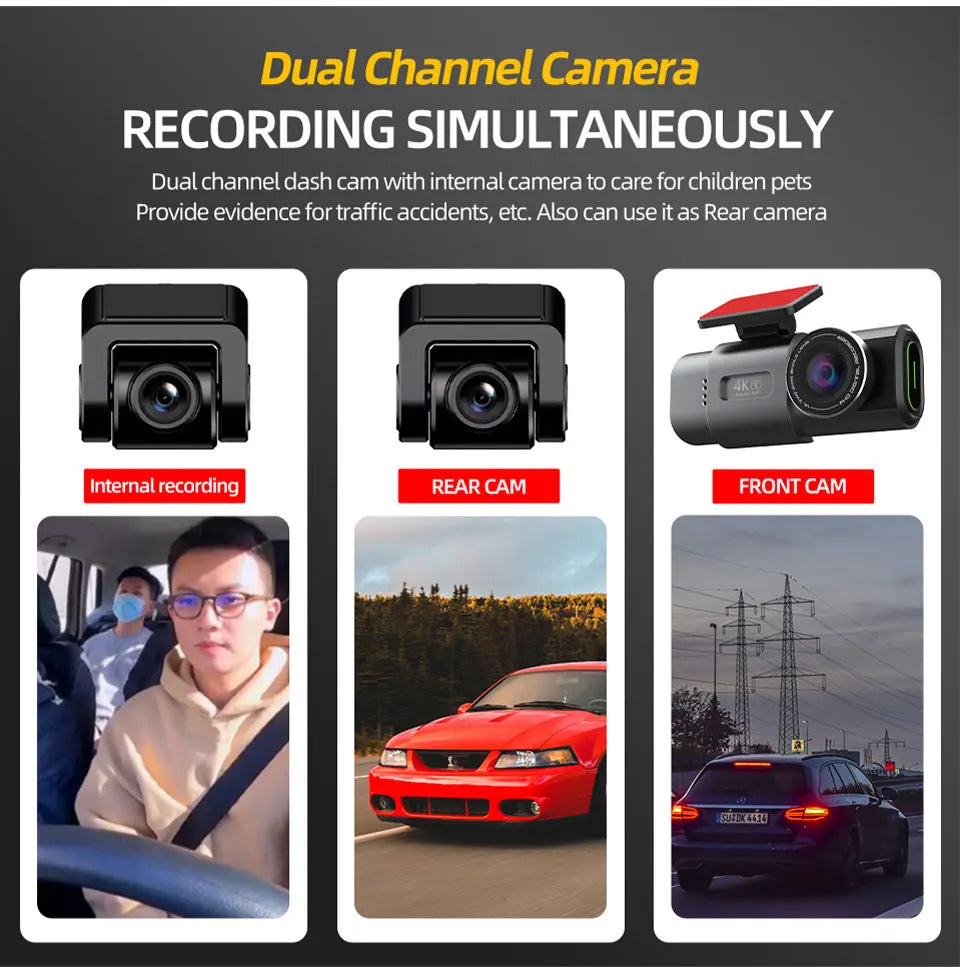 4K Dual Lens Dash Cam w/WiFi GPS 24H Parking Mode Night Vision Car DVR Video Recorder 170°FOV