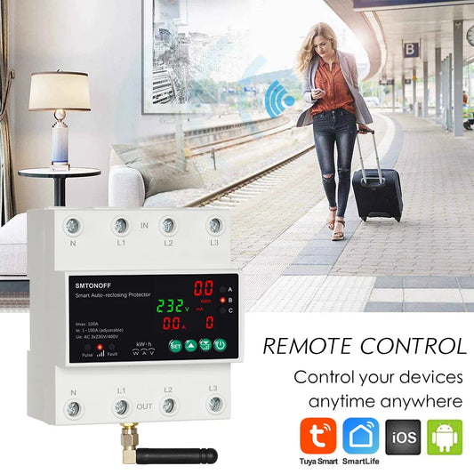 Tuya WiFi Smart 4P 100A Three-Phase Over-Voltage Protector with Auto Reclose Prepaid Energy Meter & Voice Control