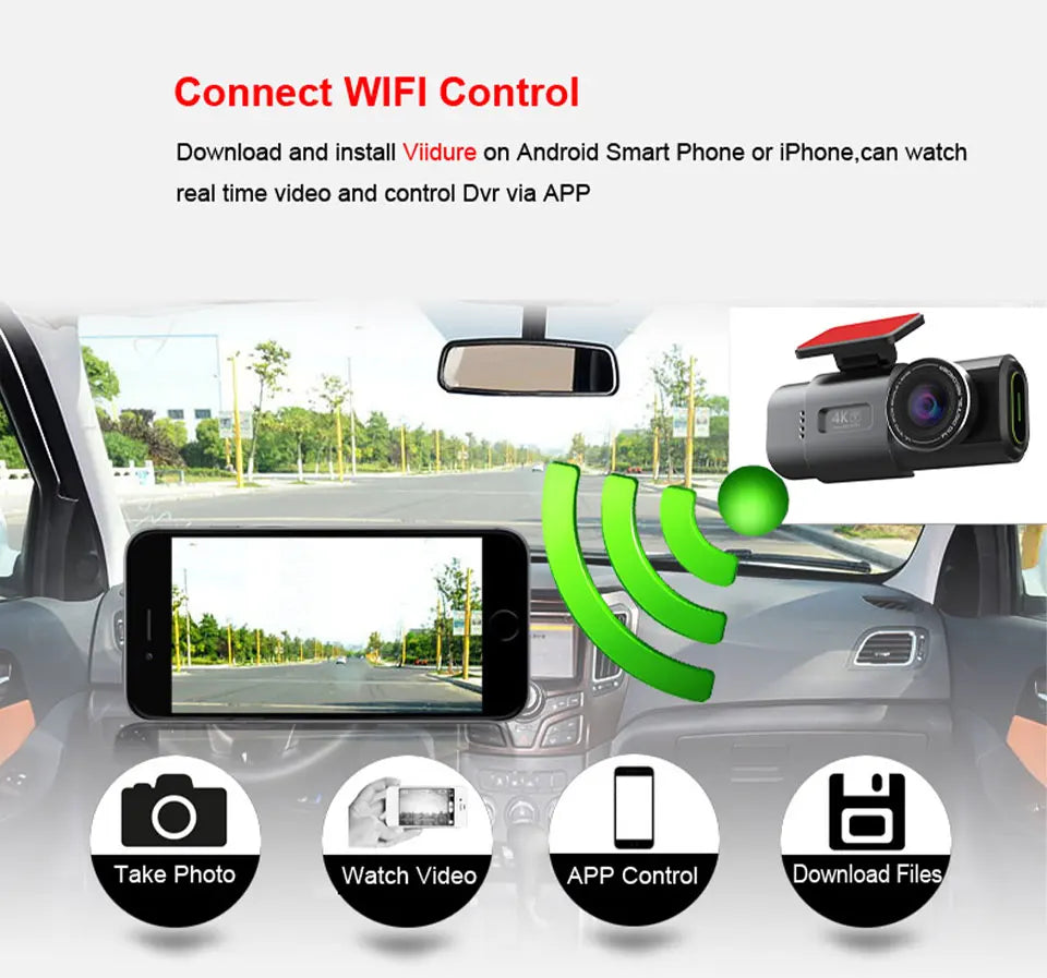 4K Dual Lens Dash Cam w/WiFi GPS 24H Parking Mode Night Vision Car DVR Video Recorder 170°FOV
