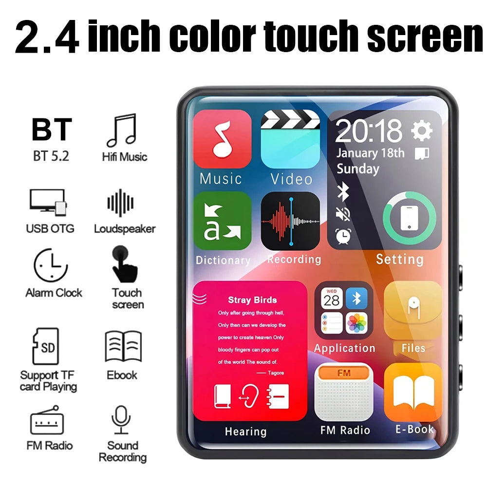 4GB Built-in Bluetooth MP4 Player 2.4 Inch IPS Touch Screen, Supports TF Card Hi-Res Audio with FM/E-book/Recorder