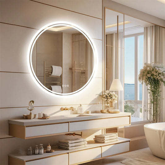 Miroir de salle de bain circulaire intelligent, grand format, écran tactile, intensité variable, antibuée, éclairage LED 