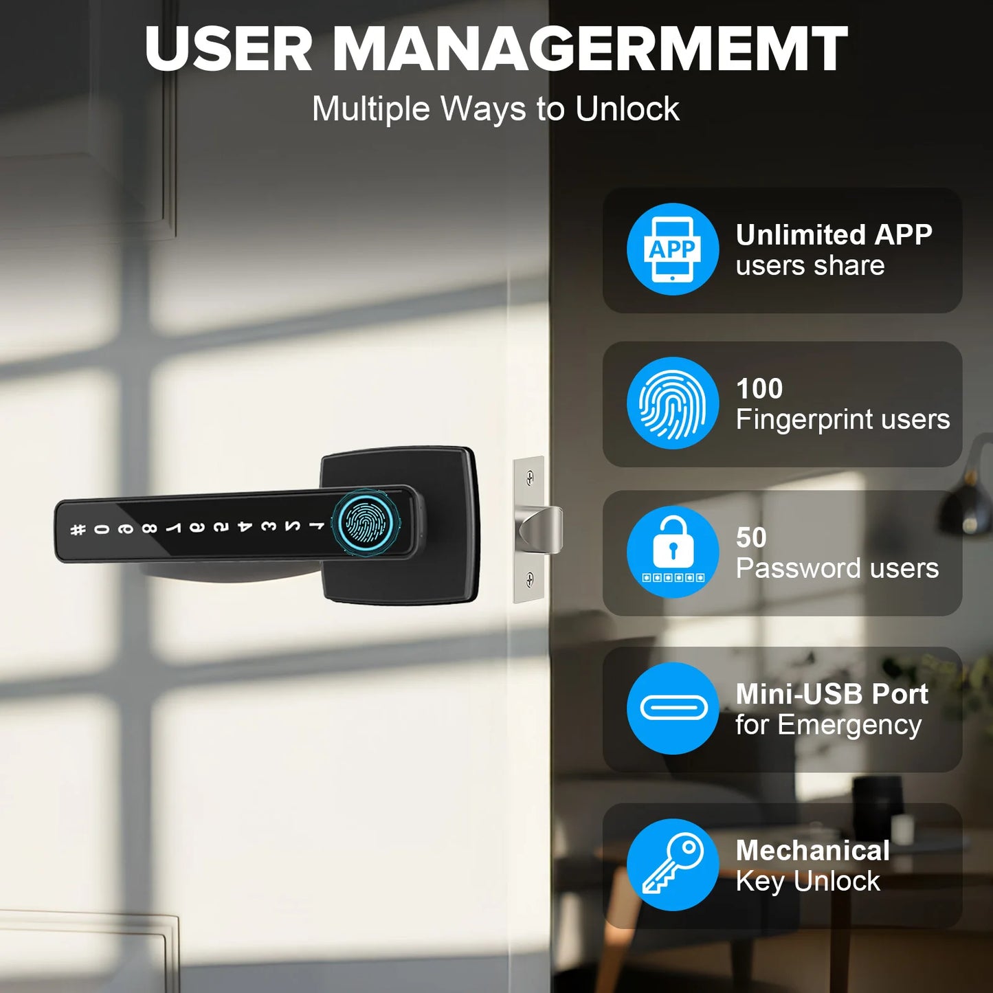Smart Fingerprint Door Lock Keyless Entry with APP/Keypad/IC Card for Home Hotel Office Front Door