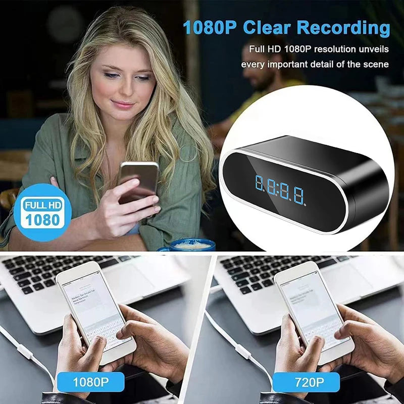 Caméra cachée avec réveil WiFi 1080P et vision nocturne infrarouge pour la sécurité à domicile et au bureau