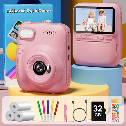 Kids Instant Print Camera 32MP HD 1080P 3" Screen & 3 Paper Rolls Fun Gift Ages 6-12 Years