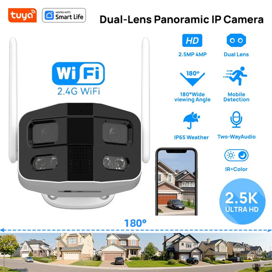 Security camera, outdoor camera, with color night vision/alarm/two-way communication network camera Tuya Smart 4MP 2.5K dual lens wide-angle 180 °