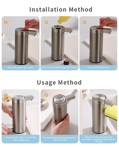 Smart Touchless Soap Dispenser 304 Stainless Steel Auto Foam/Liquid for Kitchen Bathroom