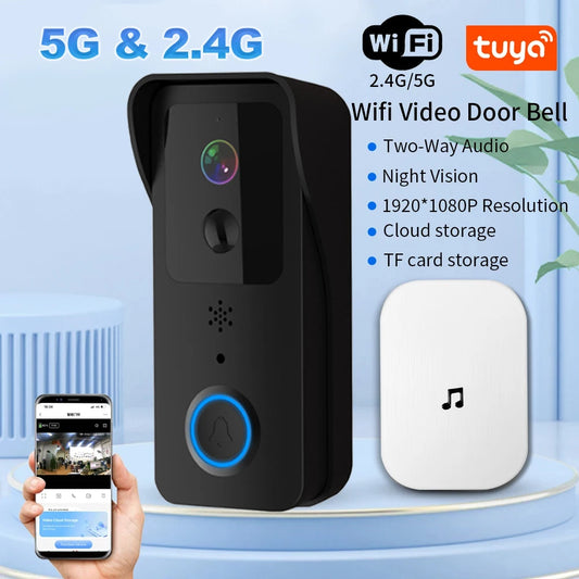 Tuya Smart 5G/2.4G WiFi Video Doorbell 1080P HD Outdoor Wireless Camera, Weatherproof Intercom, Motion Detection Two-Way Audio AC/DC Power Remote Access Compatible with Alexa/Google Assistant