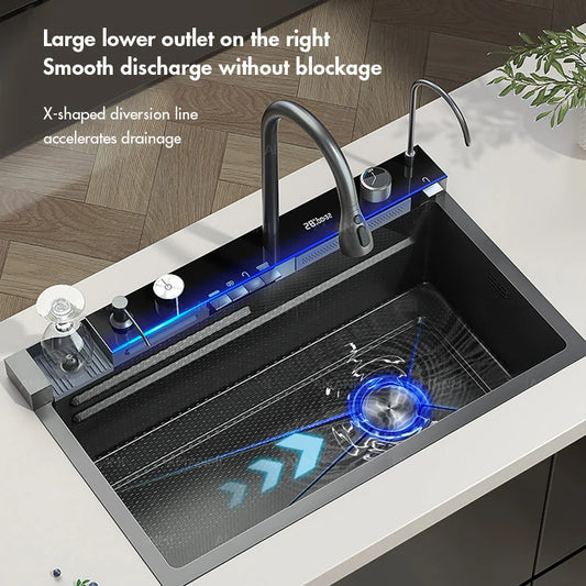 Integrated Digital Display Faucet Set Soap Cup Cleaning Machine 304 Stainless Steel Waterfall Style Kitchen Sink Large Single Slot