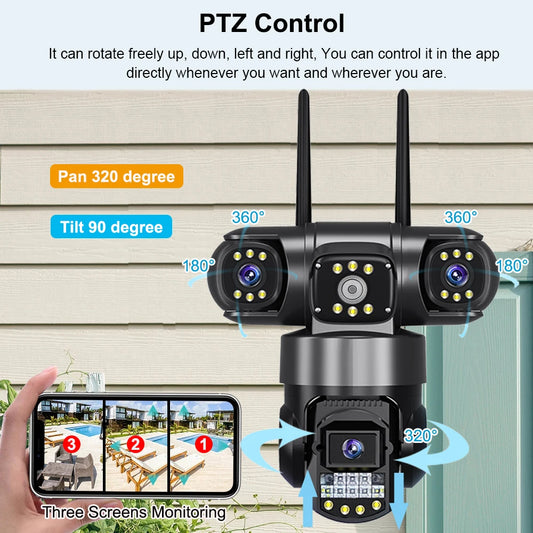 6K 12MP WiFi Outdoor Security Camera Triple Lenses Triple Screens IP66 Waterproof Night Vision CCTV Video Monitor Motion Detection