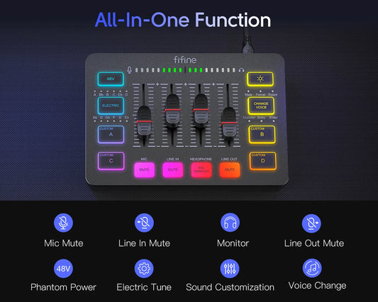 AmpliGame SC3 Pro 4-Channel RGB Streaming Mixer with XLR/USB Interface 48V Phantom Power for Gaming/Podcast/YouTube (Certified for Discord/OBS)