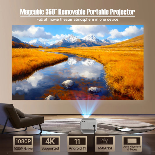 True 4K Portable Intelligent Projector Native 1080P+Autofocus Android 11 System+360° Cinema Grade Surround