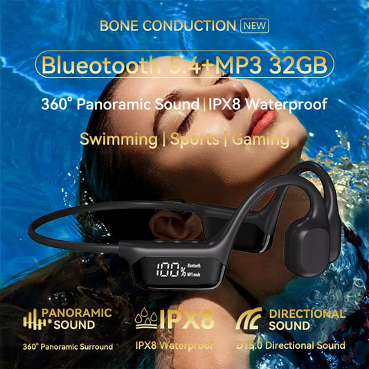 Turbo Bass Bone Conduction Sports Earphones Bluetooth 5.4+32GB Memory | IPX8 Professional Waterproof Universal for Swimming and Running Ultra Long Range MP3 Mode