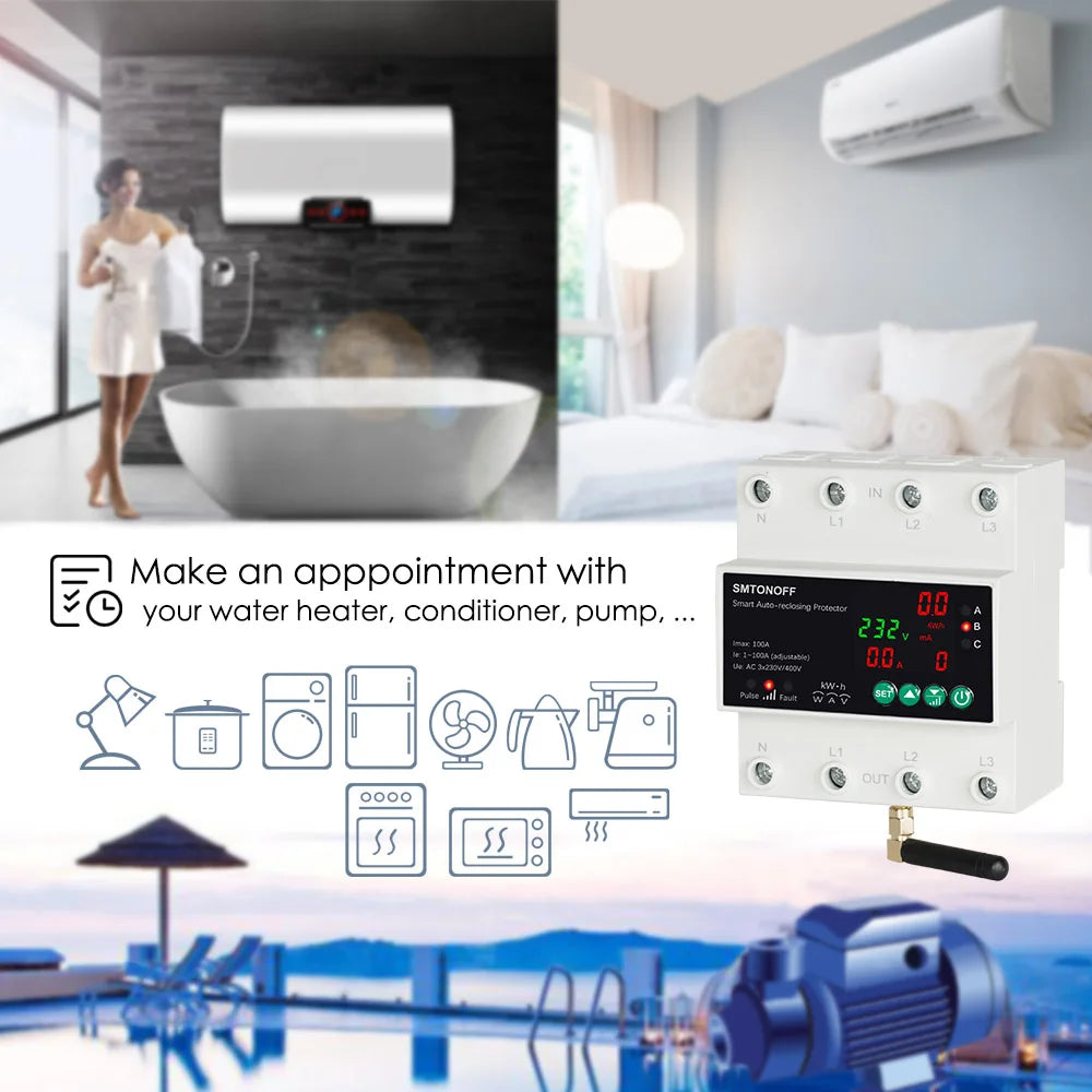 Tuya WiFi Smart 4P 100A Three-Phase Over-Voltage Protector with Auto Reclose Prepaid Energy Meter & Voice Control