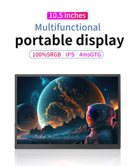10.5" FHD 1280P Portable Monitor 100% sRGB 420nits IPS Screen w/ Dual USB-C Compatible with Mac/PC/Xbox/PS5/Switch