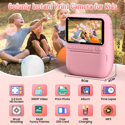 Kids Instant Print Camera 32MP HD 1080P 3" Screen & 3 Paper Rolls Fun Gift Ages 6-12 Years