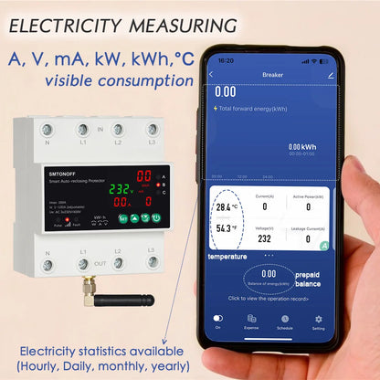 Tuya WiFi Smart 4P 100A Three-Phase Over-Voltage Protector with Auto Reclose Prepaid Energy Meter & Voice Control