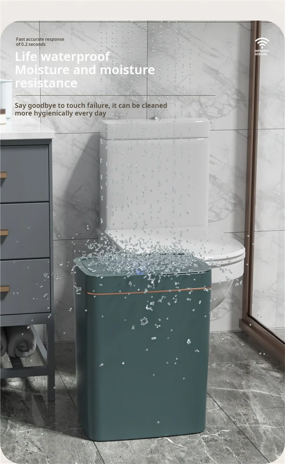 15L intelligent induction garbage bin with automatic packaging and bag changing. Narrow body design suitable for white in bathroom/living room