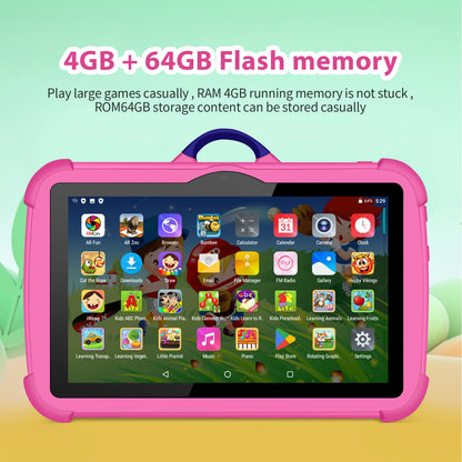 7" Kids Tablet 4GB/64GB Android Quad-Core Learning Pad with Cartoon Design & Edu Games