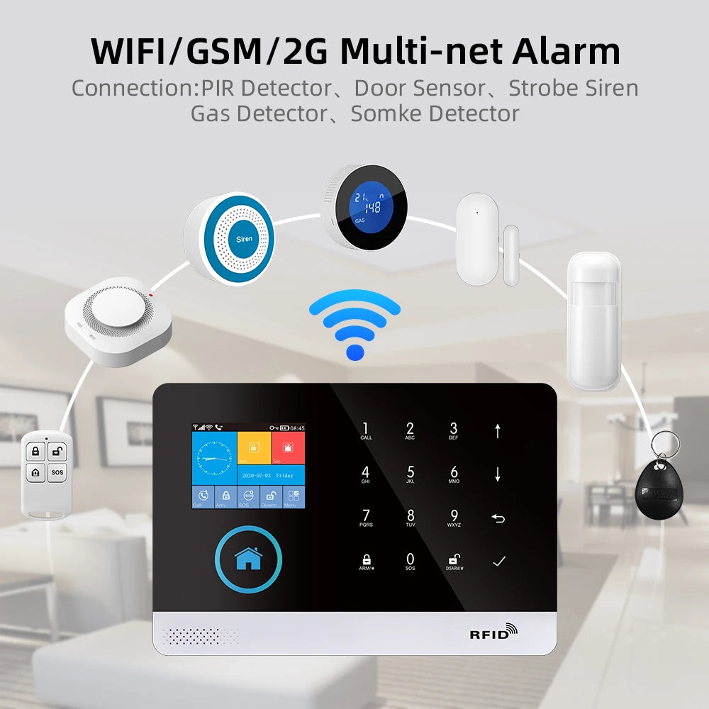 2.4-inch Touchscreen Smart Alarm System 4G/2G/WiFi Triple Network GSM Home Security with PIR Motion Sensor 433MHz RF + APP Control + RFID Card Access