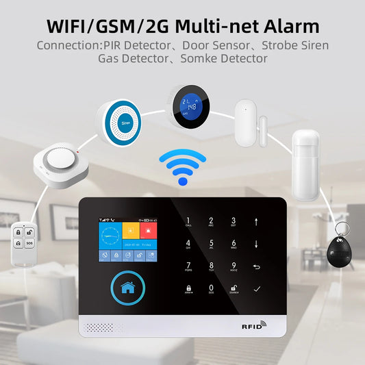 2.4-inch Touchscreen Smart Alarm System 4G/2G/WiFi Triple Network GSM Home Security with PIR Motion Sensor 433MHz RF + APP Control + RFID Card Access