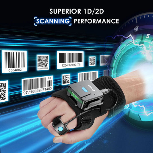 2D/1D Bluetooth Glove Scanner Wearable Finger Barcode Reader with 200 Scans/Sec & Vibration Alert for Retail/Warehouse (Left/Right Hand)