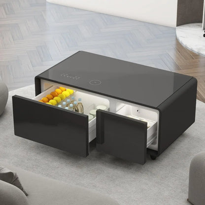 Smart Coffee Table with Built-in Refrigerator, Bluetooth Speaker, Wireless Charging, Touch Panel, and Socket Protection