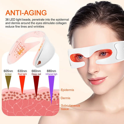 LED-Photonen-Augenmaske zur Hautverjüngung, Dual-Modus, Rot-/Blaulicht, Anti-Aging, lässt dunkle Ringe verschwinden und glättet feine Linien, intelligente Massage lindert Augenermüdung